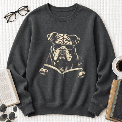 Bulldog Reading Book Crewneck Sweatshirt | Reader Gift Dark Heather