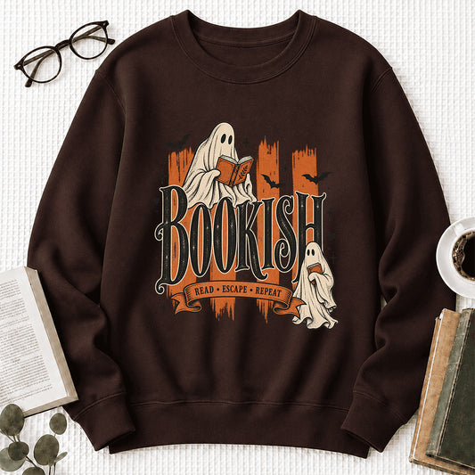 Bookish Read Escape Repeat Crewneck Sweatshirt | Halloween Book Lover Gift Dark Chocolate