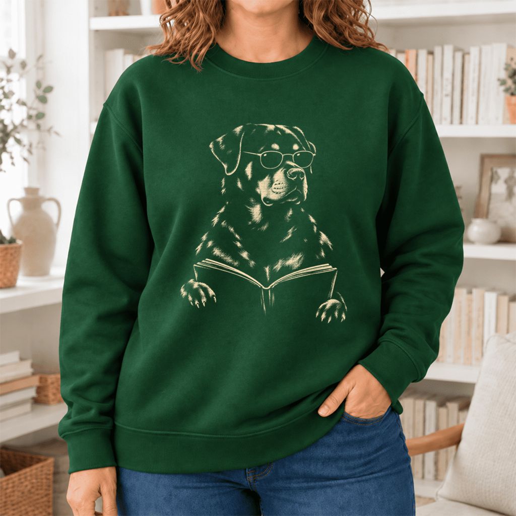 Rottweiler Reading Book Softstyle Sweatshirt | Dog Mom Reader Gift Forest Green