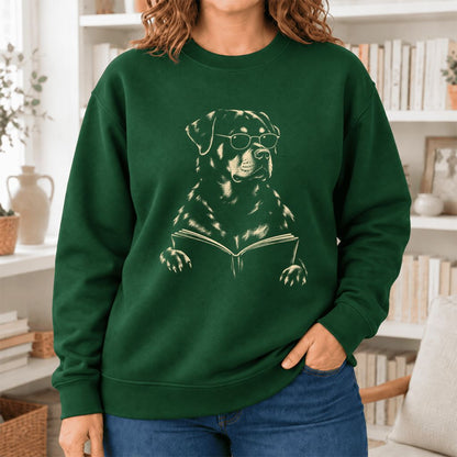 Rottweiler Reading Book Softstyle Sweatshirt | Dog Mom Reader Gift Forest Green