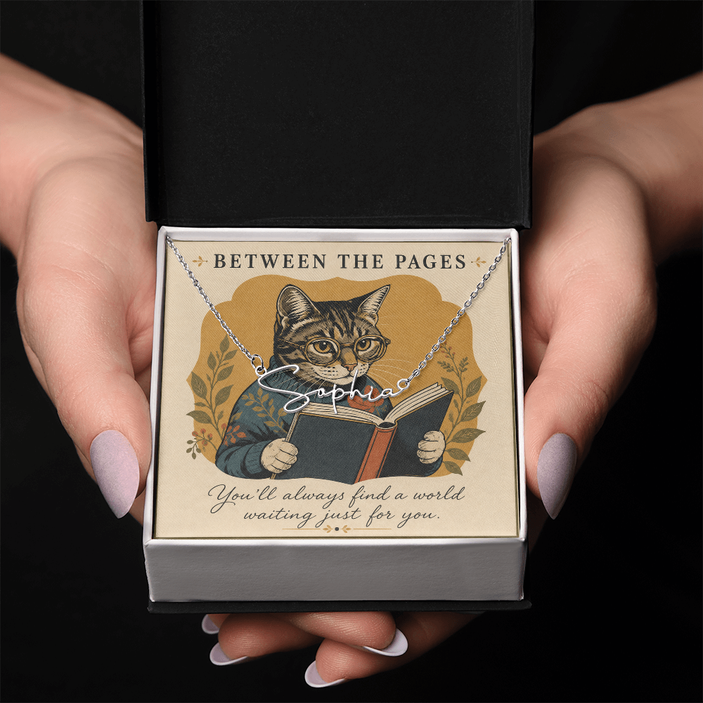 Cat Reading Between The Pages Decorative Card And Custom Name Polished Stainless Steel Necklace With Box Book Lover Gift Font 2
