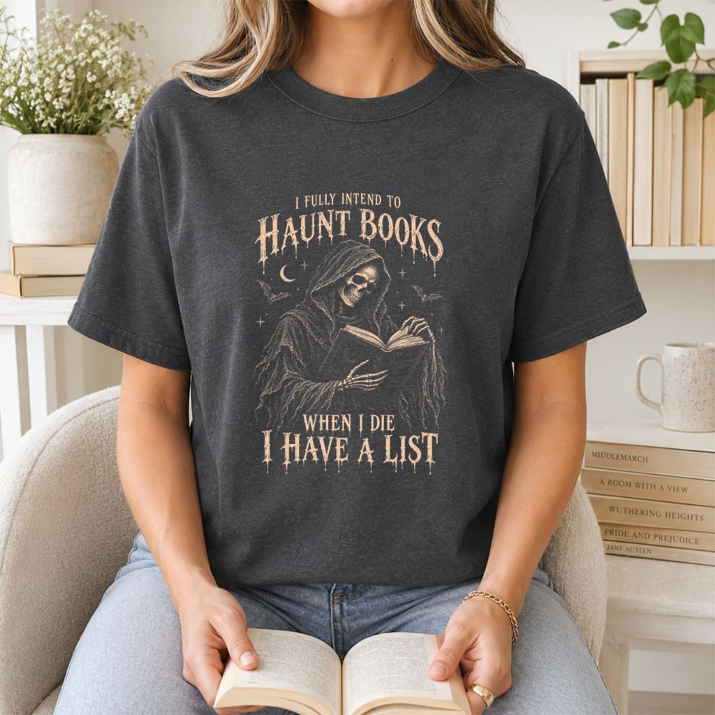 I Fully Intend To Haunt Books Printed T-Shirt | Halloween Reader Gift Dark Heather