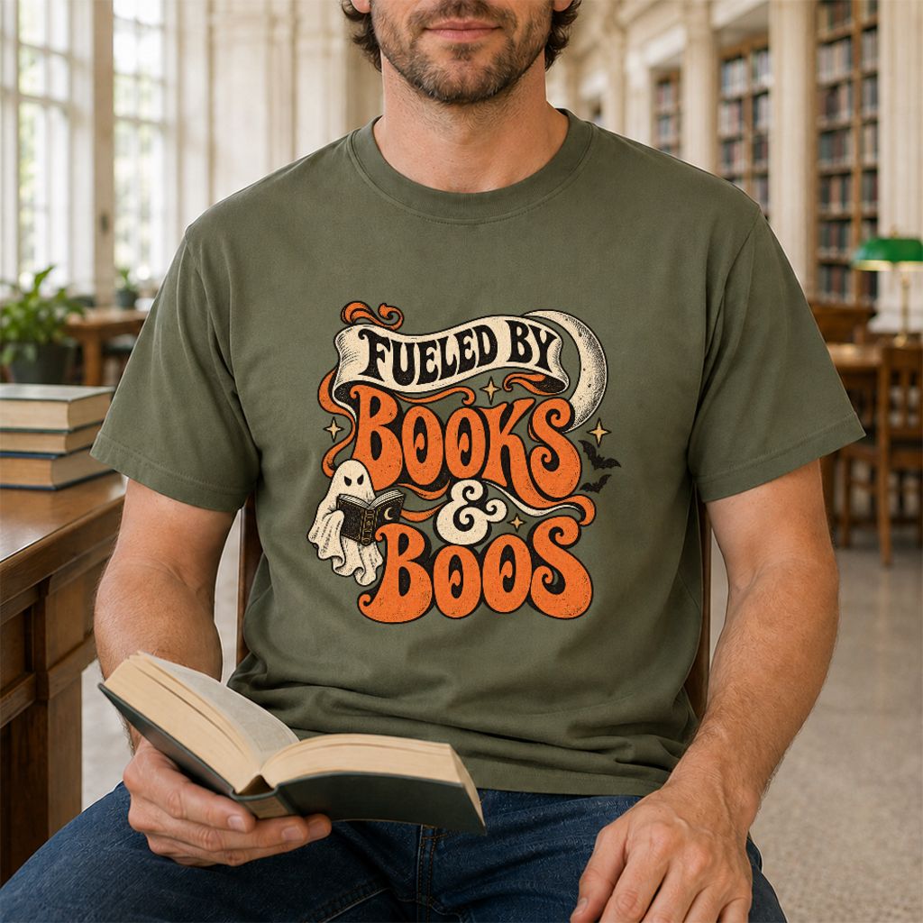 Fueled By Books & Boos Printed T-Shirt | Halloween Book Lover Gift Military Green
