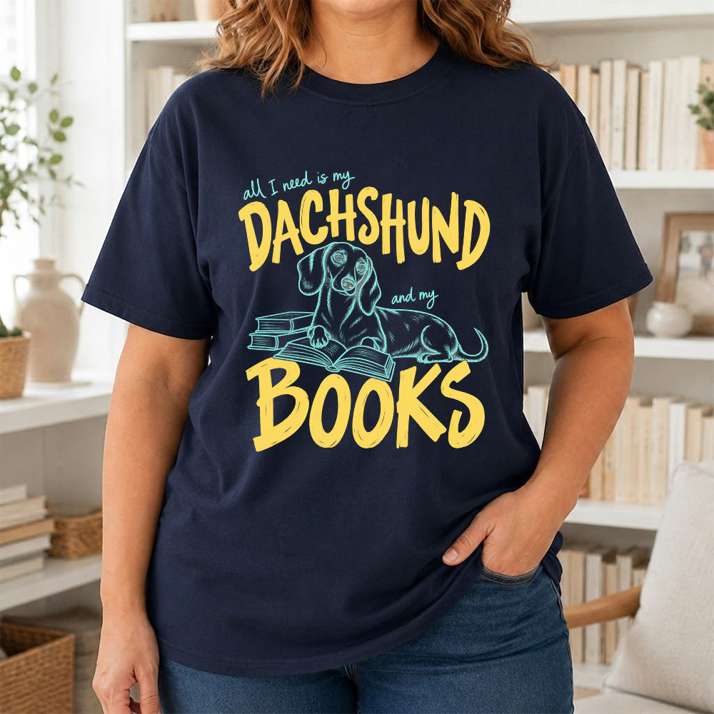 All I Need Is My Dachshund And My Books Softstyle T-Shirt | Book Lover Gift Navy