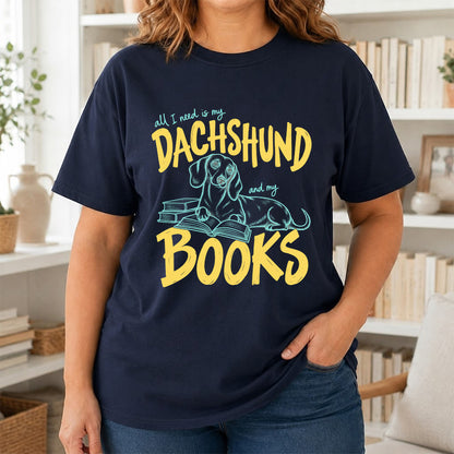 All I Need Is My Dachshund And My Books Softstyle T-Shirt | Book Lover Gift Navy