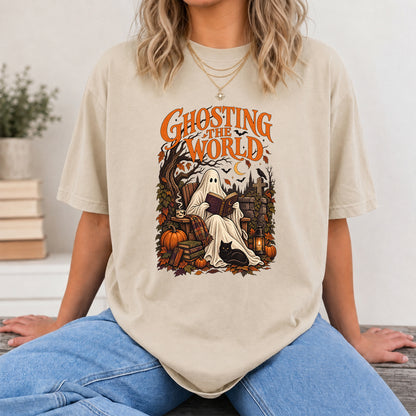 Ghosting The World Cotton T-Shirt | Halloween Book Lover Gift Sand