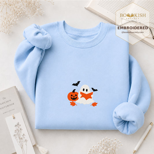 Ghost Reading Embroidered Sweatshirt | Halloween Reader Gift Light Blue