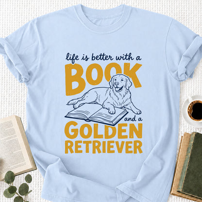 Life Is Better With A Book And A Golden Retriever Softstyle T-Shirt | Book Lover Gift Light Blue