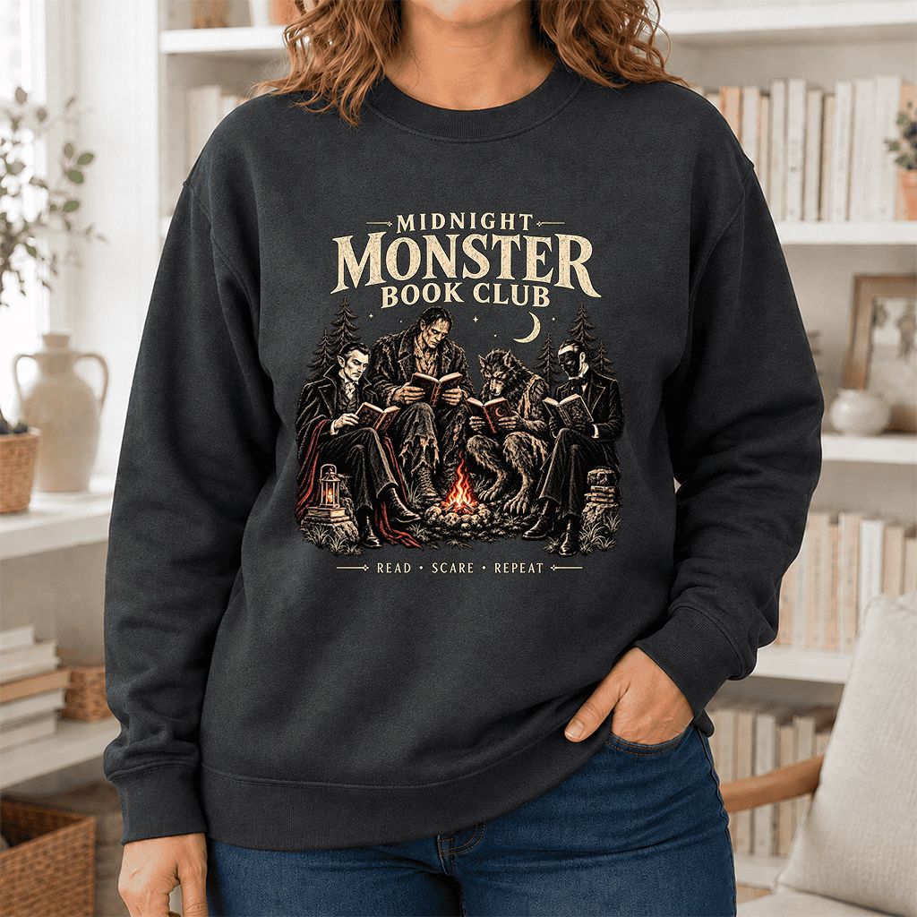 Midnight Monster Book Club Printed Sweatshirt | Halloween Book Lover Gift Dark Heather