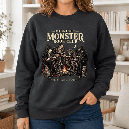 Midnight Monster Book Club Printed Sweatshirt | Halloween Book Lover Gift Dark Heather