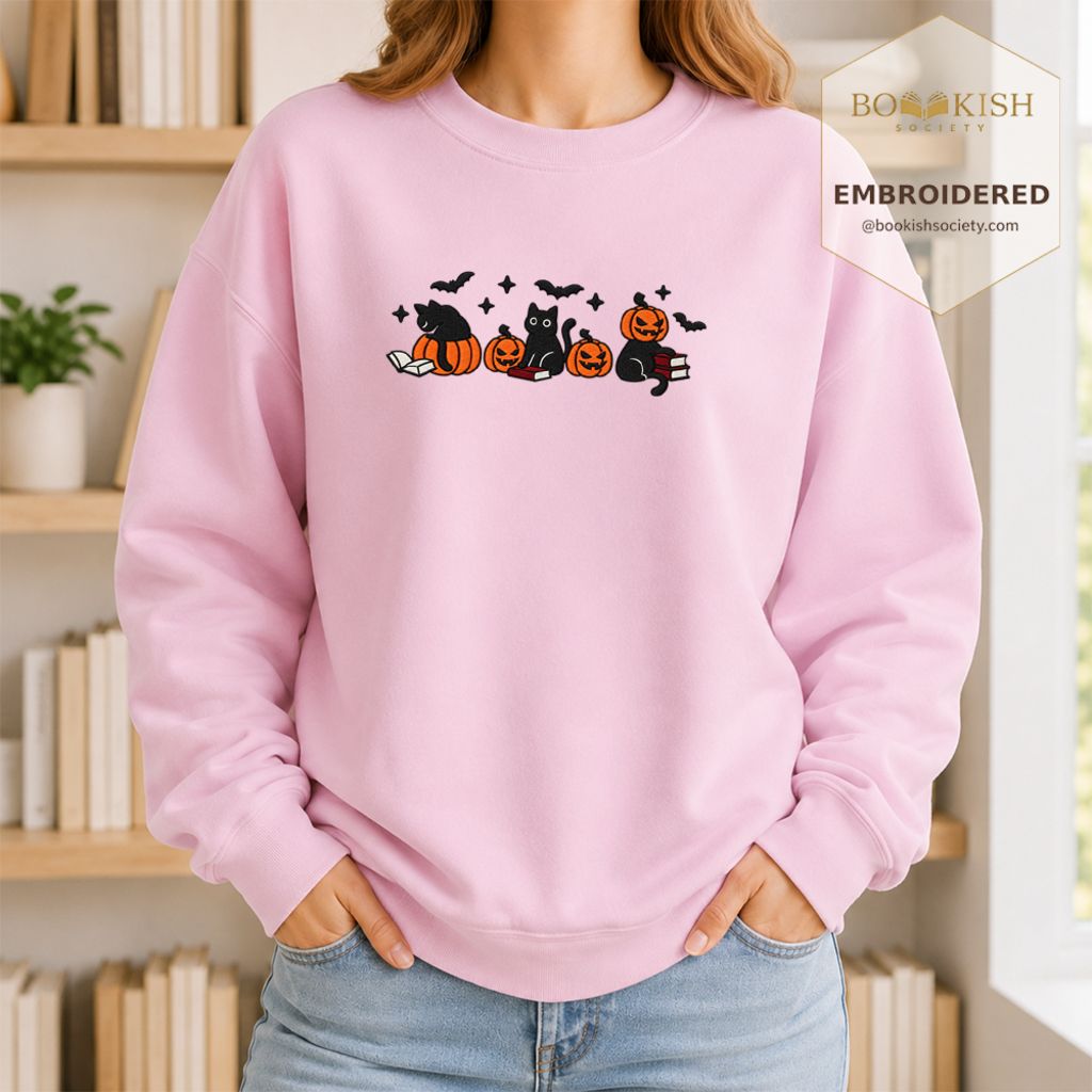 Black Cats And Halloween Embroidered Sweatshirt | Spooky Book Lover Gift Light Pink
