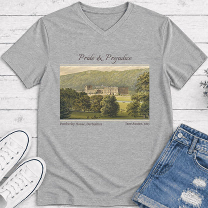 Pemberley House Pride And Prejudice Ultra-Soft V-Neck | Classic Literature Reader Gift Athletic Heather