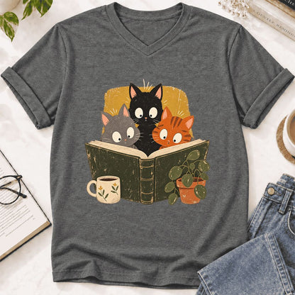 Curious Reading Cats Ultra-Soft V-Neck | Cat Lover Reader Gift Deep Heather