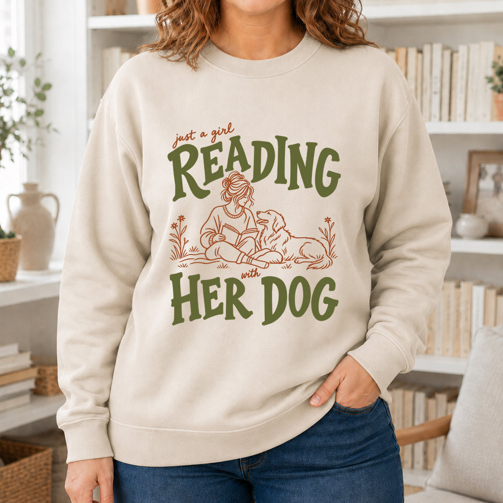 Just A Girl Reading With Her Dog Crewneck Sweatshirt | Reader Gift Sand