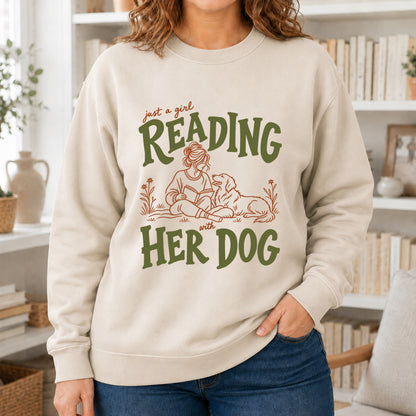 Just A Girl Reading With Her Dog Crewneck Sweatshirt | Reader Gift Sand