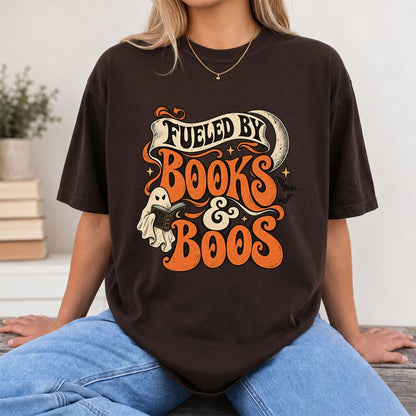 Fueled By Books & Boos Printed T-Shirt | Halloween Book Lover Gift Dark Chocolate