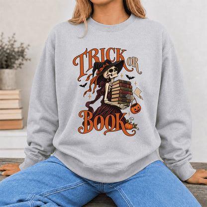 Trick Or Book Printed Sweatshirt | Halloween Book Lover Gift Sport Grey