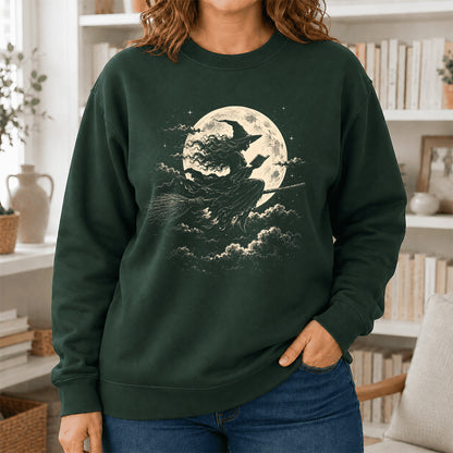 Reading Witch On The Flying Broom Printed Sweatshirt | Halloween Reader Gift Forest Green