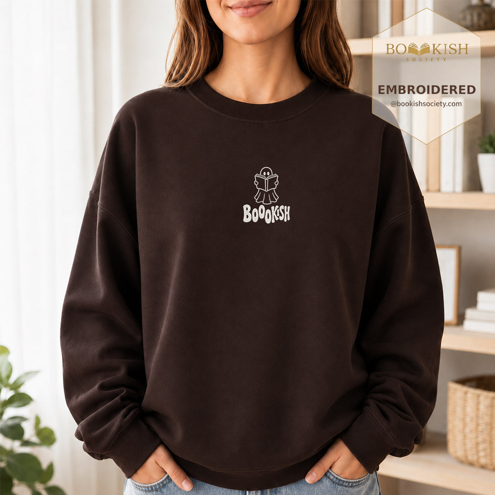 Bookish Ghost Embroidered Sweatshirt | Halloween Book Lover Gift Dark Chocolate