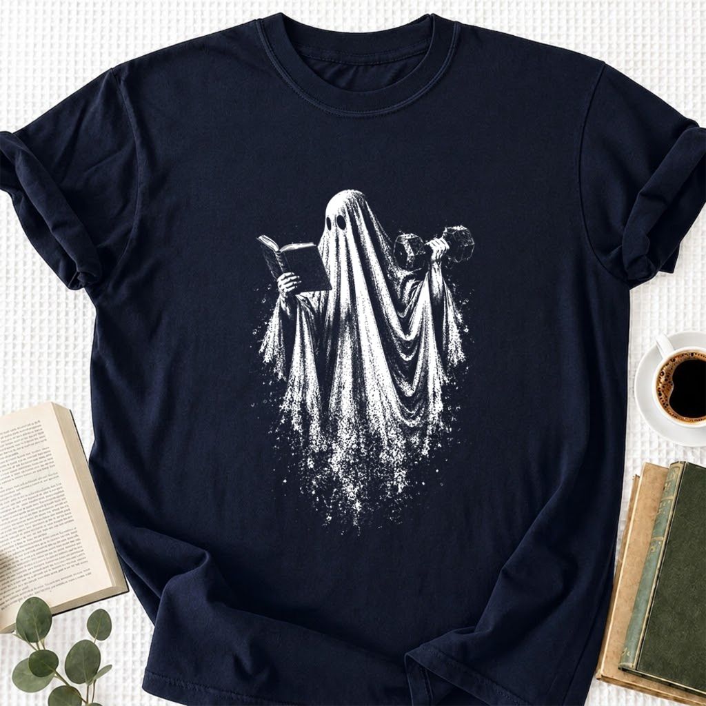 Reading Gym Ghost Printed T-Shirt | Halloween Book Lover Gift Navy