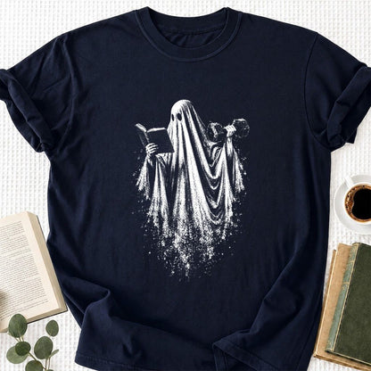 Reading Gym Ghost Printed T-Shirt | Halloween Book Lover Gift Navy