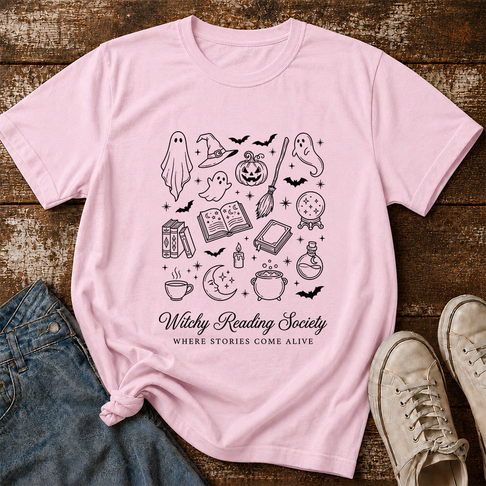 Witchy Reading Society Printed T-Shirt | Halloween Reader Gift Light Pink