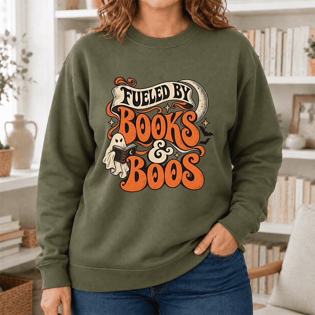 Fueled By Books & Boos Printed Sweatshirt | Halloween Book Lover Gift Military Green
