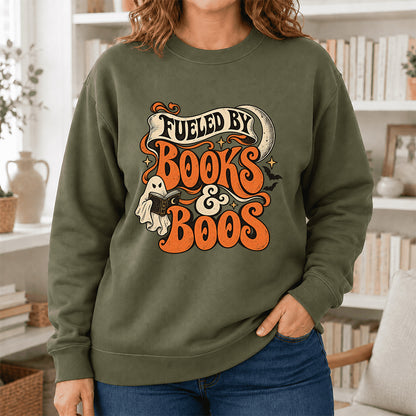 Fueled By Books & Boos Printed Sweatshirt | Halloween Book Lover Gift Military Green
