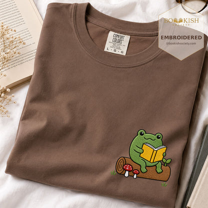 Embroidered Frog on Log Reading Book Comfort Color® T-shirt Book Lover Gift Espresso