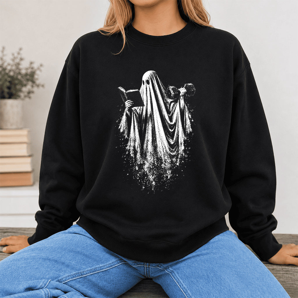 Reading Gym Ghost Printed Sweatshirt | Halloween Book Lover Gift Black