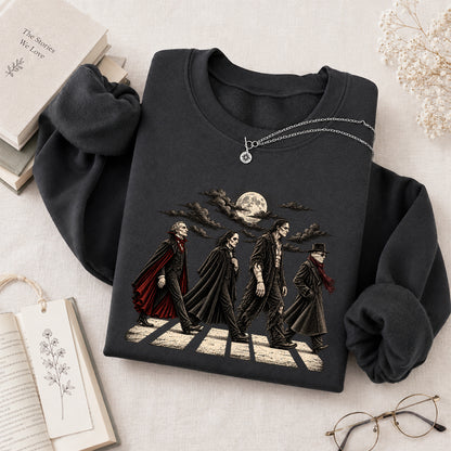 Monsters Road Printed Sweatshirt | Halloween Book Lover Gift Dark Heather