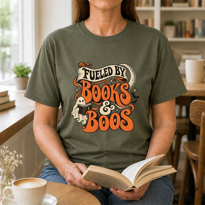 Fueled By Books & Boos Printed T-Shirt | Halloween Book Lover Gift Military Green