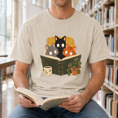 Minimal Japanese Cats Reading Softstyle T-Shirt | Book Lover Gift Sand