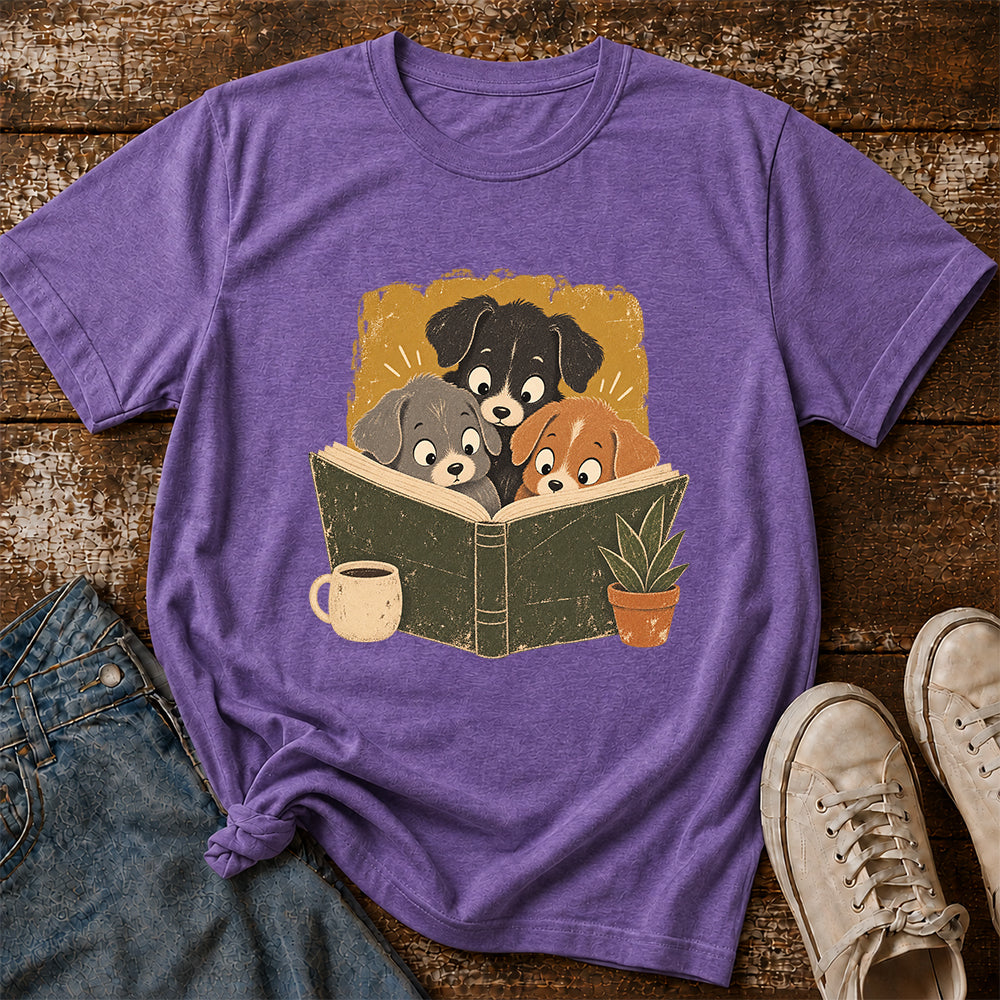 Minimal Japanese Dogs Reading Softstyle T-Shirt | Book Lover Gift Heather Purple