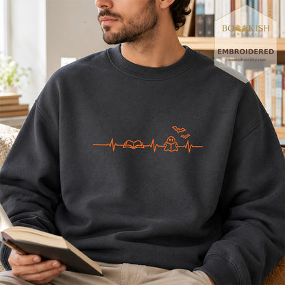 Reading Heartbeat Embroidered Sweatshirt | Spooky Halloween Book Lover Gift Dark Heather