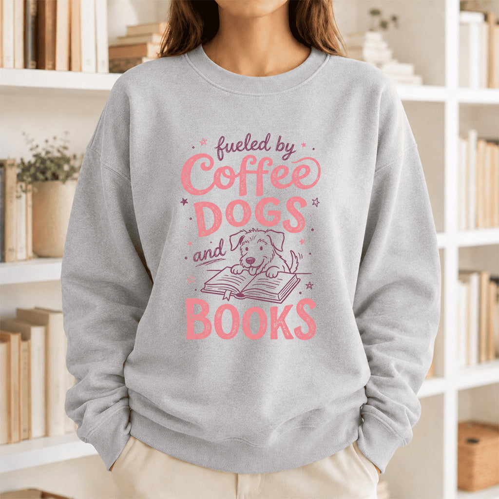 Fueled By Coffee, Dogs and Books Crewneck Sweatshirt | Coffee & Dog Lover, Reader Gift Sport Grey