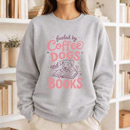 Fueled By Coffee, Dogs and Books Crewneck Sweatshirt | Coffee & Dog Lover, Reader Gift Sport Grey