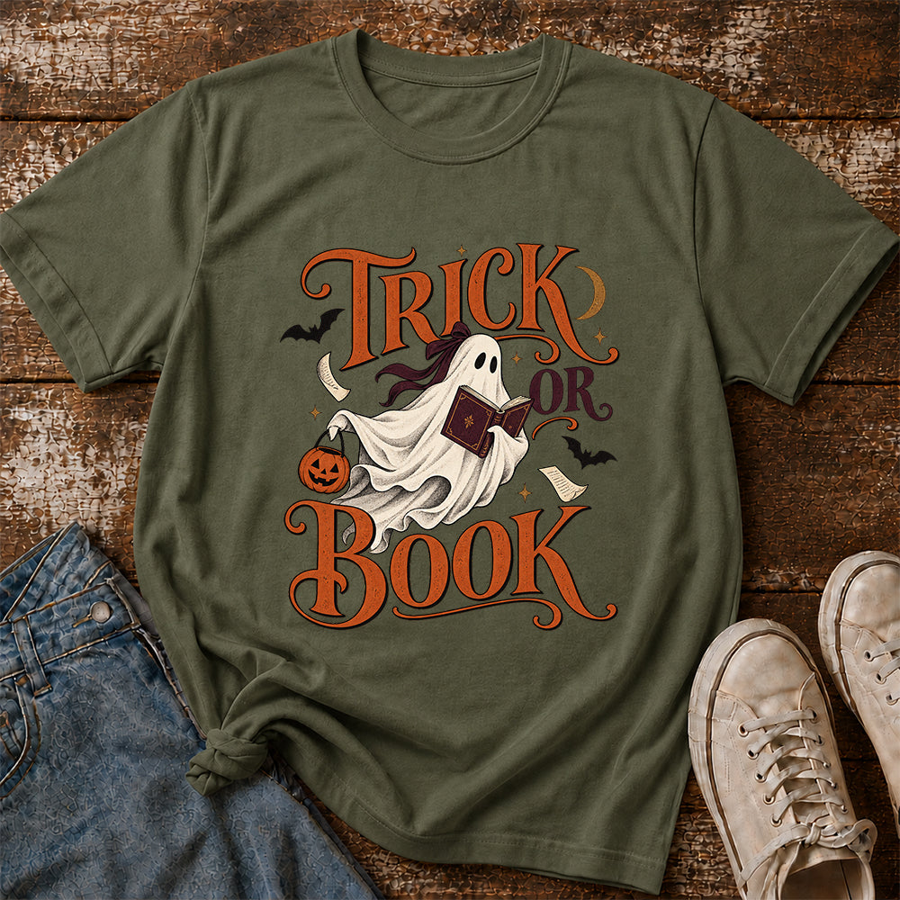 Trick Or Book Ghost Printed T-Shirt | Halloween Book Lover Gift Military Green