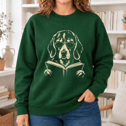 Beagle Reading Book Softstyle Sweatshirt | Dog Mom Reader Gift Forest Green