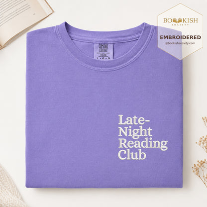 Late Night Reading Club Embroidered Comfort Color® T-shirt | Book Lover Gift Violet