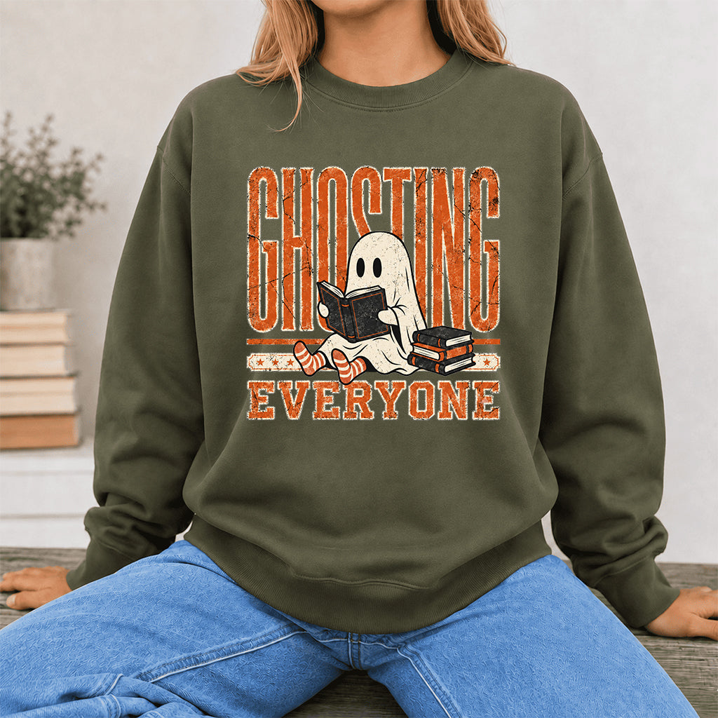 Ghosting Everyone Printed Sweatshirt | Halloween Book Lover Gift Military Green
