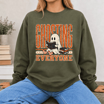 Ghosting Everyone Printed Sweatshirt | Halloween Book Lover Gift Military Green
