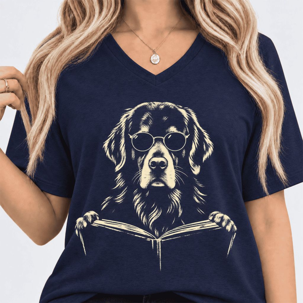 Golden Retriever Reading Book Ultra-Soft V-Neck | Dog Mom Reader Gift Navy