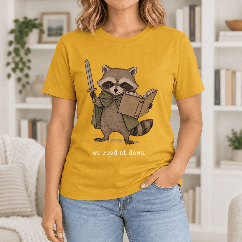We Read At Dawn Funny Racoon Ultra-Soft Cotton T-Shirt | Playful Reader Gift Mustard
