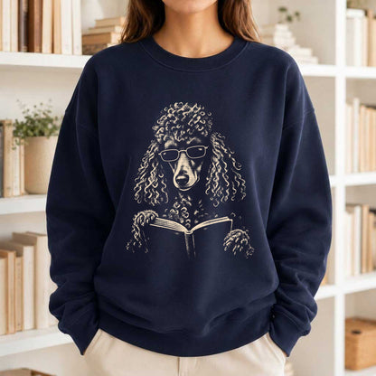 Poodle Reading Book Crewneck Sweatshirt | Reader Gift Navy