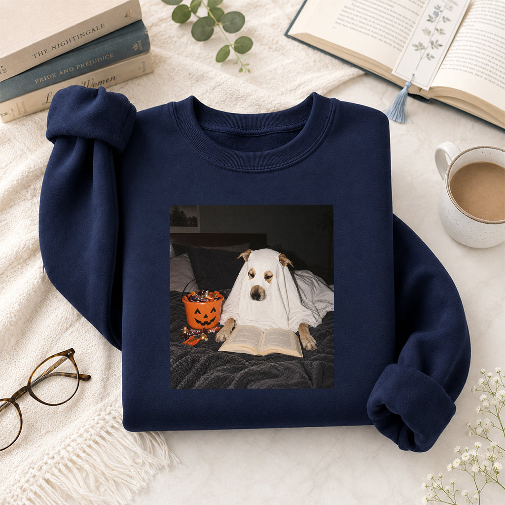 Cute Reading Ghost Dog Printed Sweatshirt | Halloween Book Lover Gift Navy