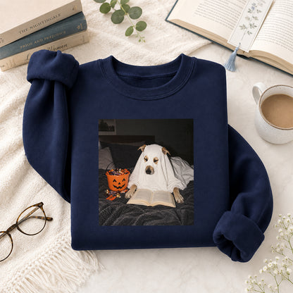 Cute Reading Ghost Dog Printed Sweatshirt | Halloween Book Lover Gift Navy