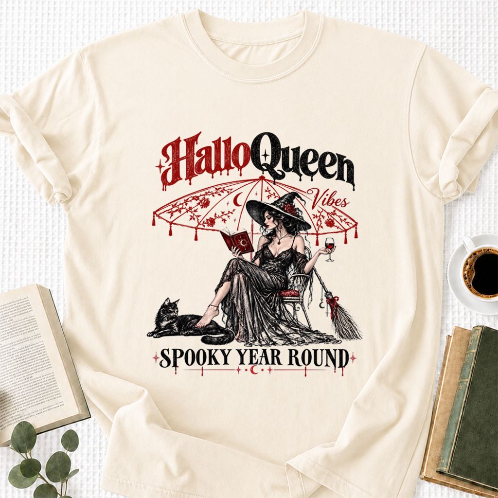 Halloqueen Spooky Year Round Printed T-Shirt | Halloween Book Lover Gift Natural
