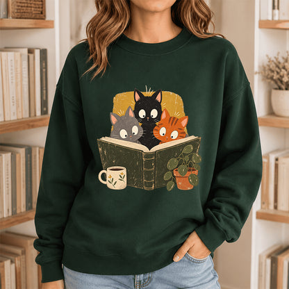 Minimal Japanese Cats Reading Crewneck Sweatshirt | Reader Gift Forest Green