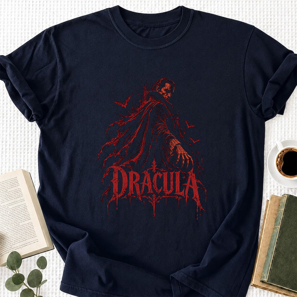 Dracula Printed T-Shirt | Halloween Horror Book Lover Gift Navy